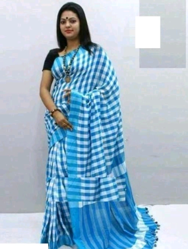 Handloom Checked Cotton Saree With Separate Same louse Peace - Light Blue